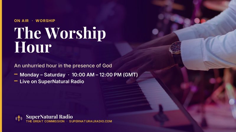 Programme banner: The Worship Hour — Monday – Saturday  ·  10:00 AM – 12:00 PM (GMT)