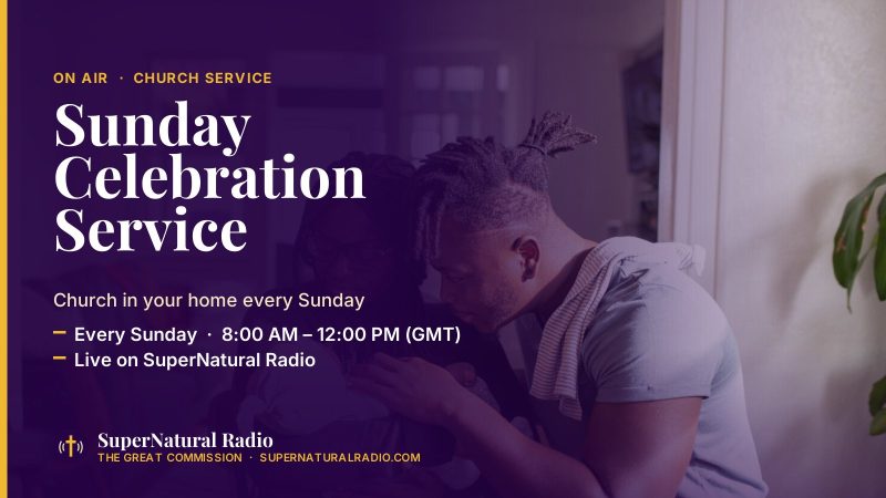 Programme banner: Sunday Celebration Service — Every Sunday  ·  8:00 AM – 12:00 PM (GMT)